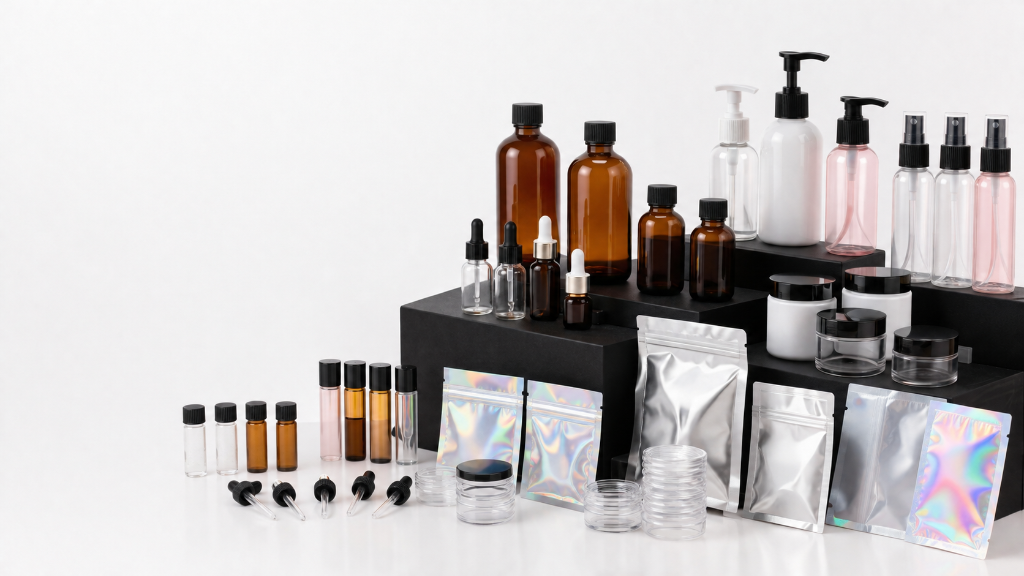 Bottles, jars, droppers and flexible packaging supplied by The Vanity Factory